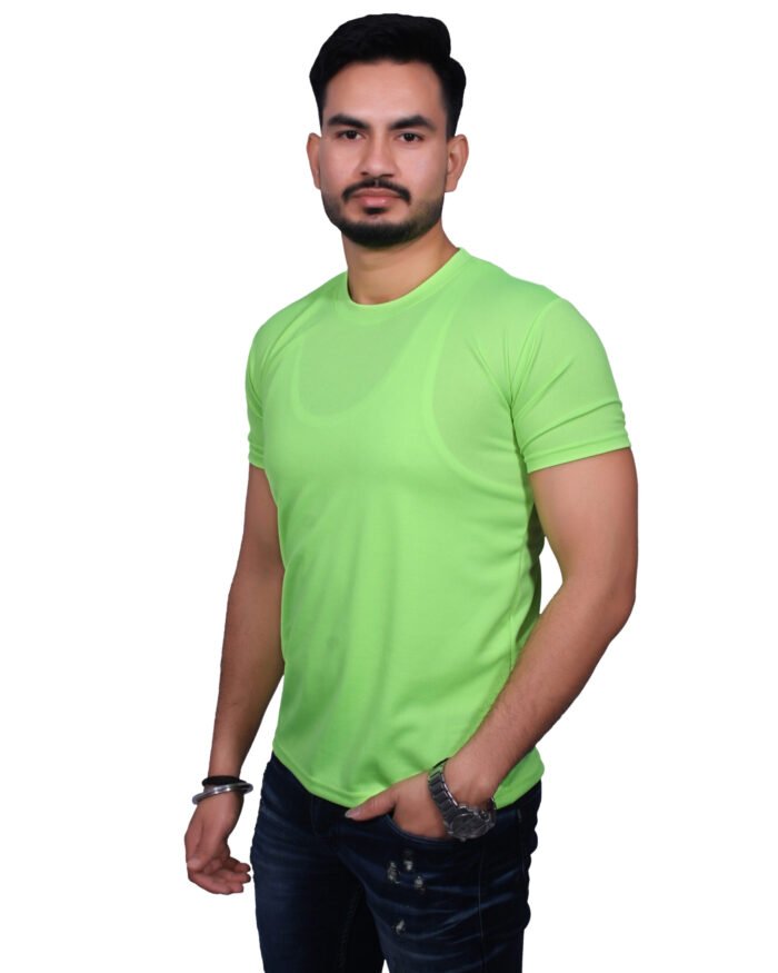 Classic Comfort: Round Neck Half Sleeve Neon Green Rice Knit T-Shirt