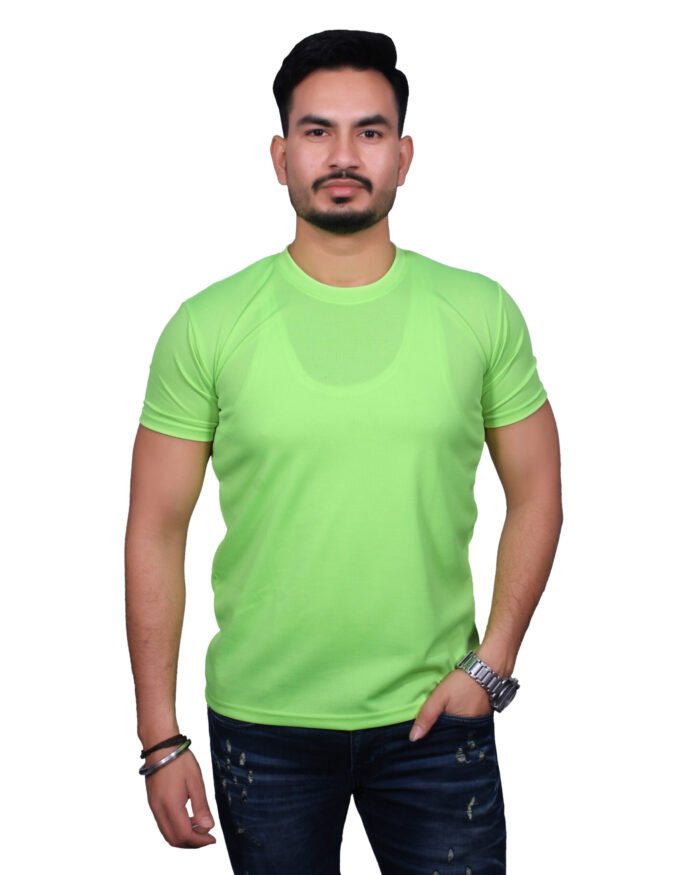 Classic Comfort: Round Neck Half Sleeve Neon Green Rice Knit T-Shirt - Image 4