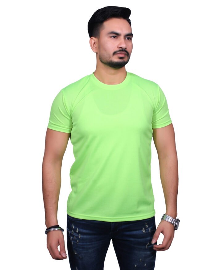 Classic Comfort: Round Neck Half Sleeve Neon Green Rice Knit T-Shirt - Image 3