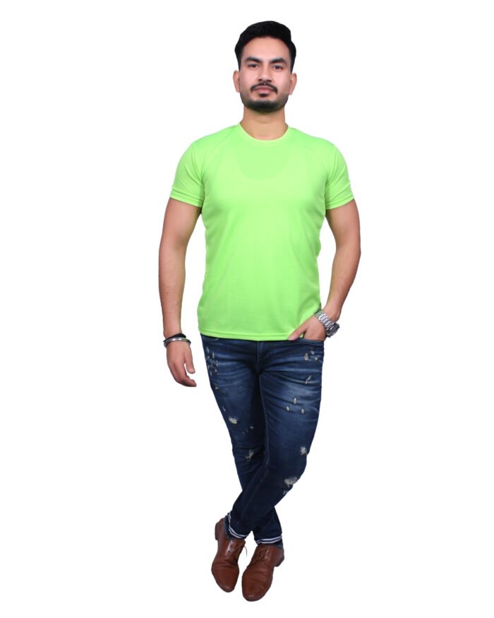 Classic Comfort: Round Neck Half Sleeve Neon Green Rice Knit T-Shirt - Image 2