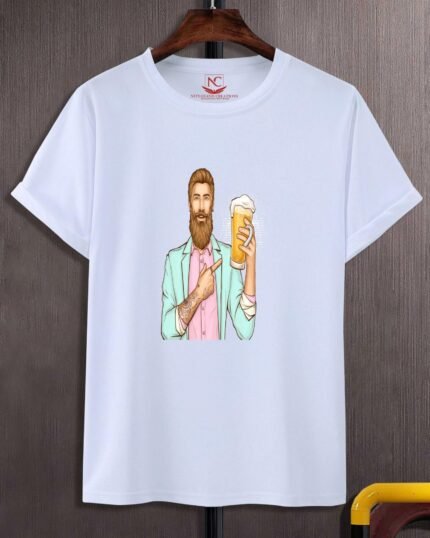 Hipster With Beer Printed T-Shirt