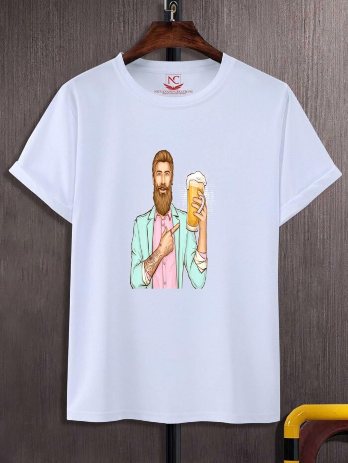 Hipster With Beer Printed T-Shirt