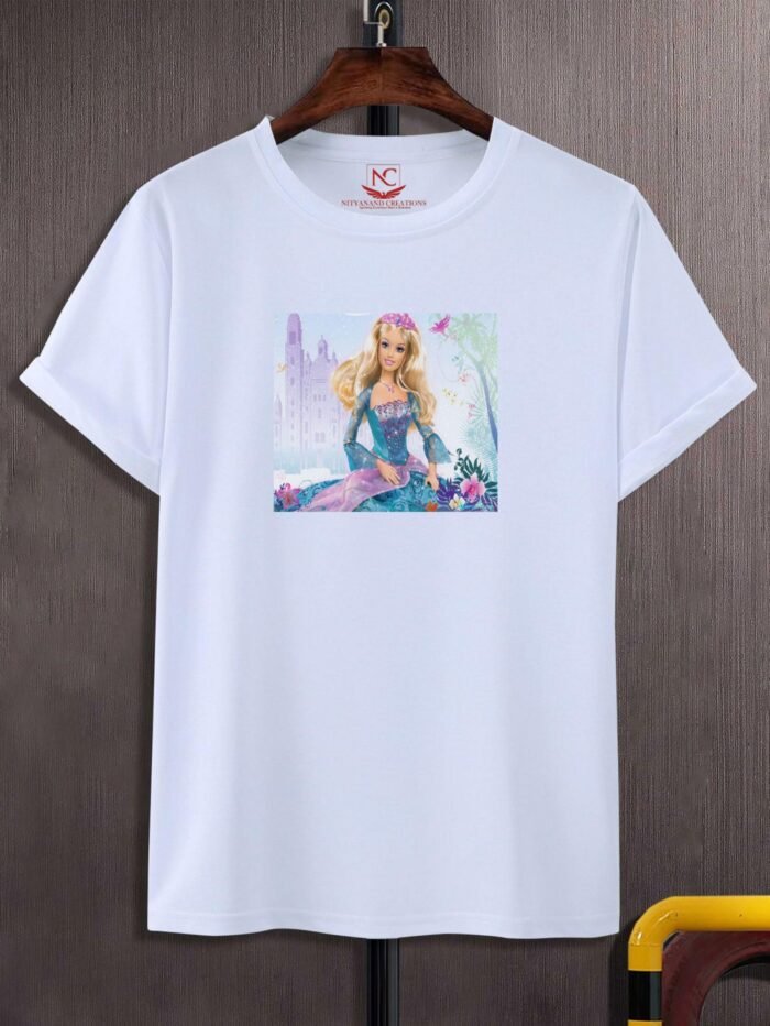 Dreamy Barbie Graphic White Round Neck T-Shirt – Embrace the Magic of Barbie