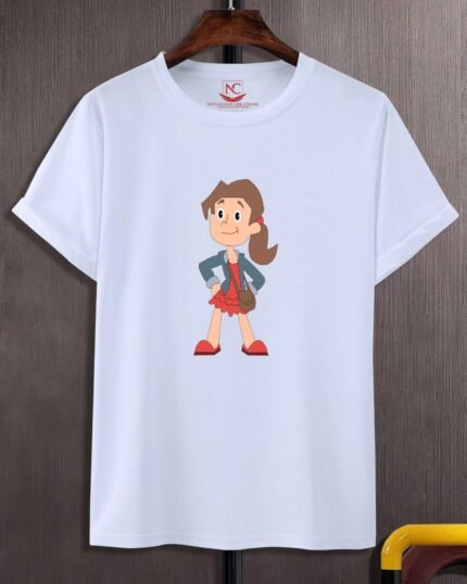 Whimsical Cartoon Girl Graphic Printed White T-Shirt – Add a Playful Touch to Your Wardrobe