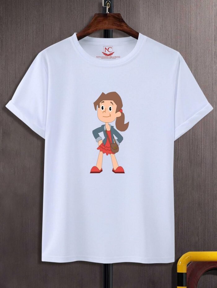 Whimsical Cartoon Girl Graphic Printed White T-Shirt – Add a Playful Touch to Your Wardrobe
