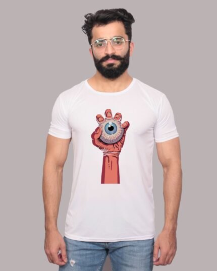 Eyeball in Hand Graphic Printed White T-Shirt-1200052
