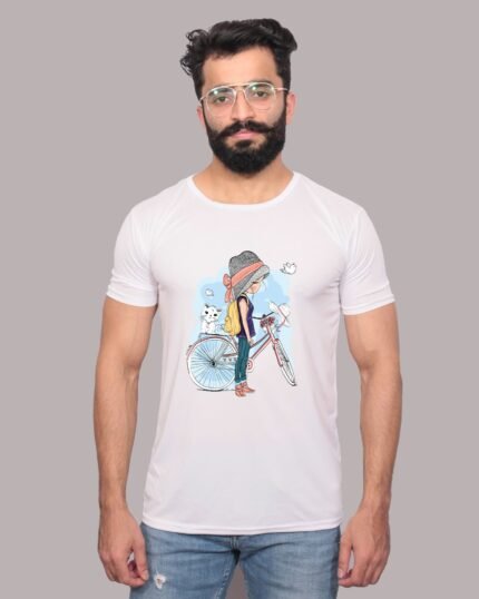 Cute Girl with Bicycle – Graphic Printed White T-Shirt-1200161