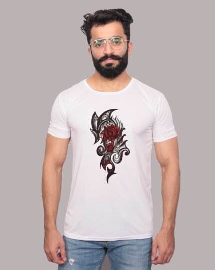 Bold Rose Tribal Tattoo Graphic White T-Shirt-1200186