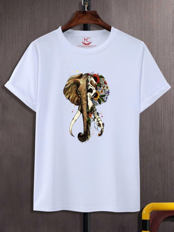 Elephant and Nature Printed Polyester T-Shirt