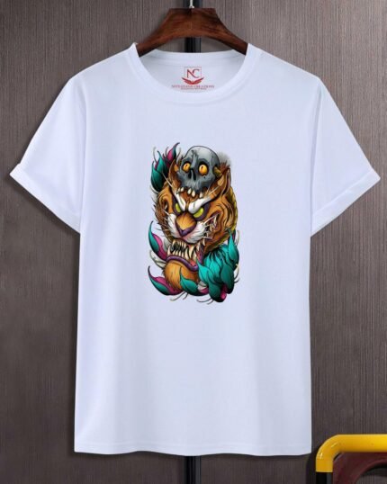 Tiger with Skull Graphic Printed White T-Shirt