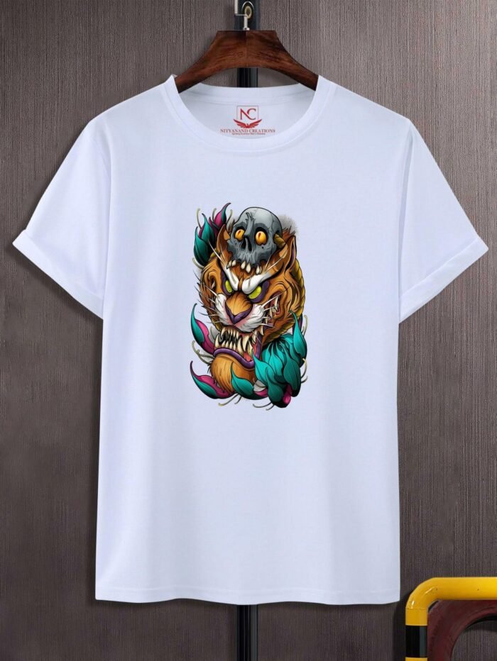 Tiger with Skull Graphic Printed White T-Shirt