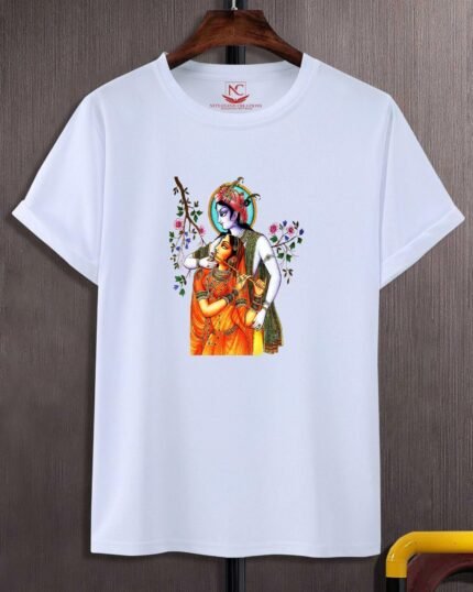 Round Neck Lord Shri Radhe Krishna Printed
  White T Shirt