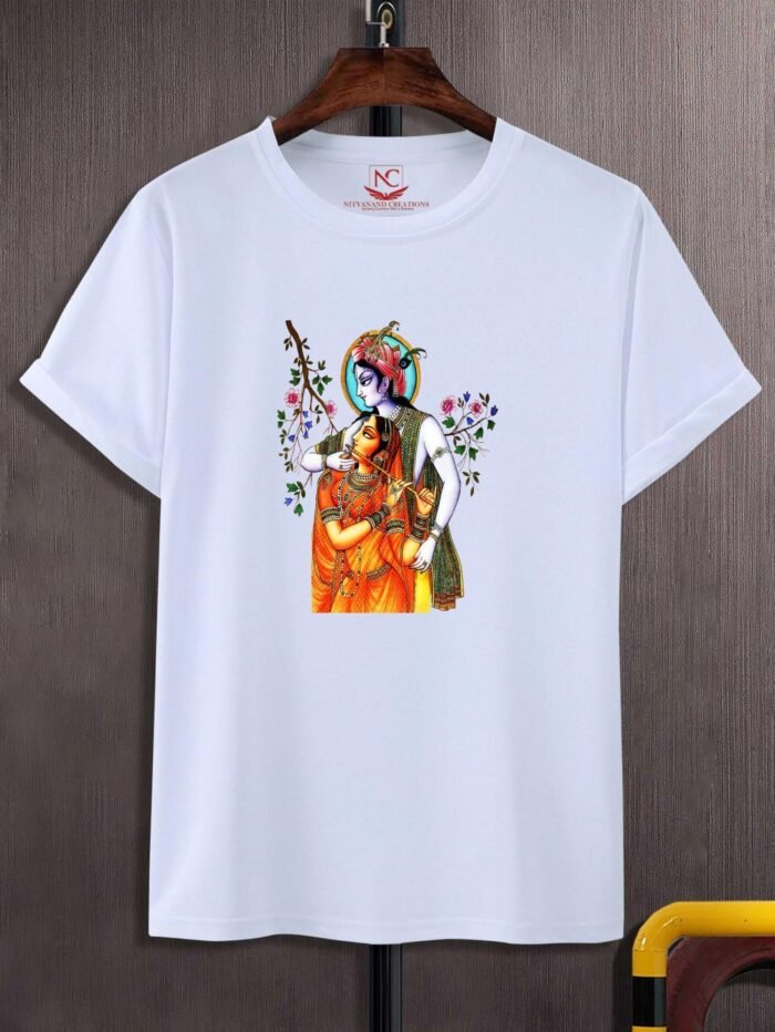 Round Neck Lord Shri Radhe Krishna Printed
  White T Shirt