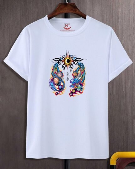 Chinese Dragon Graphic Printed White T-Shirt-1465