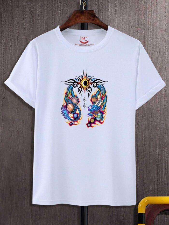 Chinese Dragon Graphic Printed White T-Shirt-1465