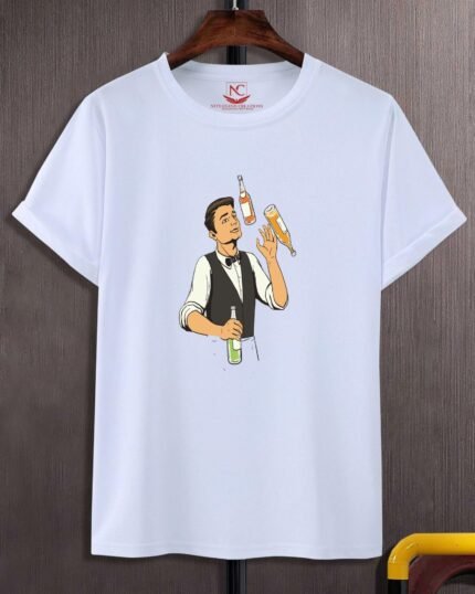 Bartender Juggling Bottles Graphic Printed White T-Shirt-1471