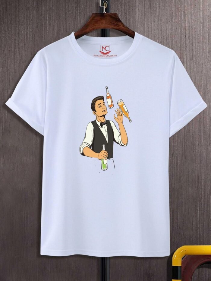 Bartender Juggling Bottles Graphic Printed White T-Shirt-1471