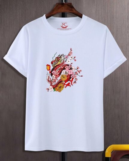 Japanese Dragon Graphic Printed White T-Shirt-1480