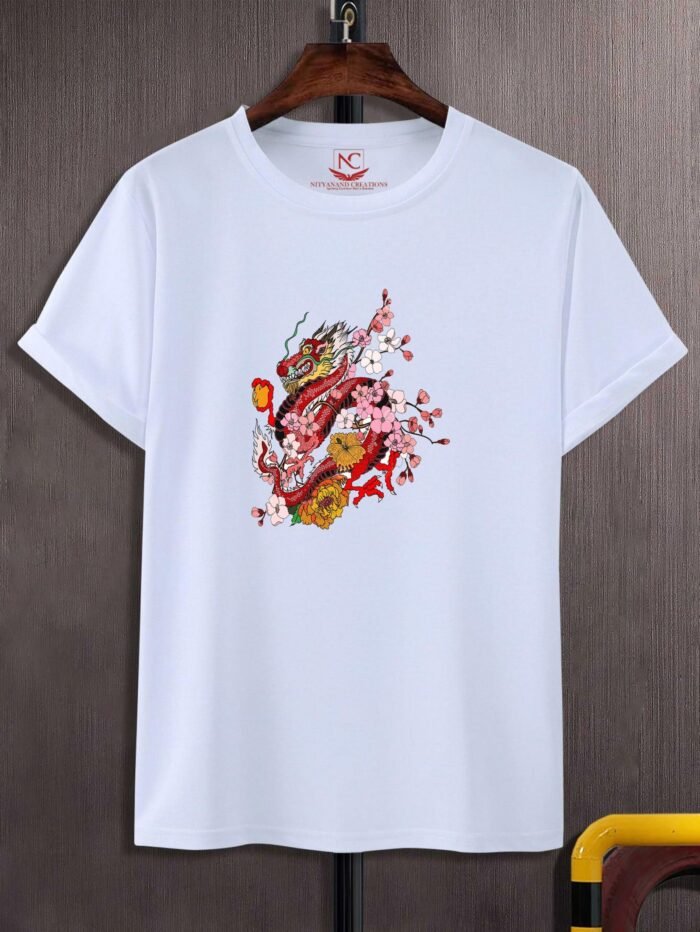 Japanese Dragon Graphic Printed White T-Shirt-1480 - Image 2