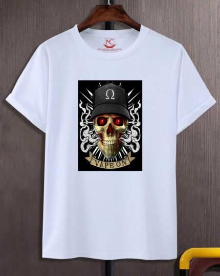 Vape On Skull Graphic Printed White T-Shirt