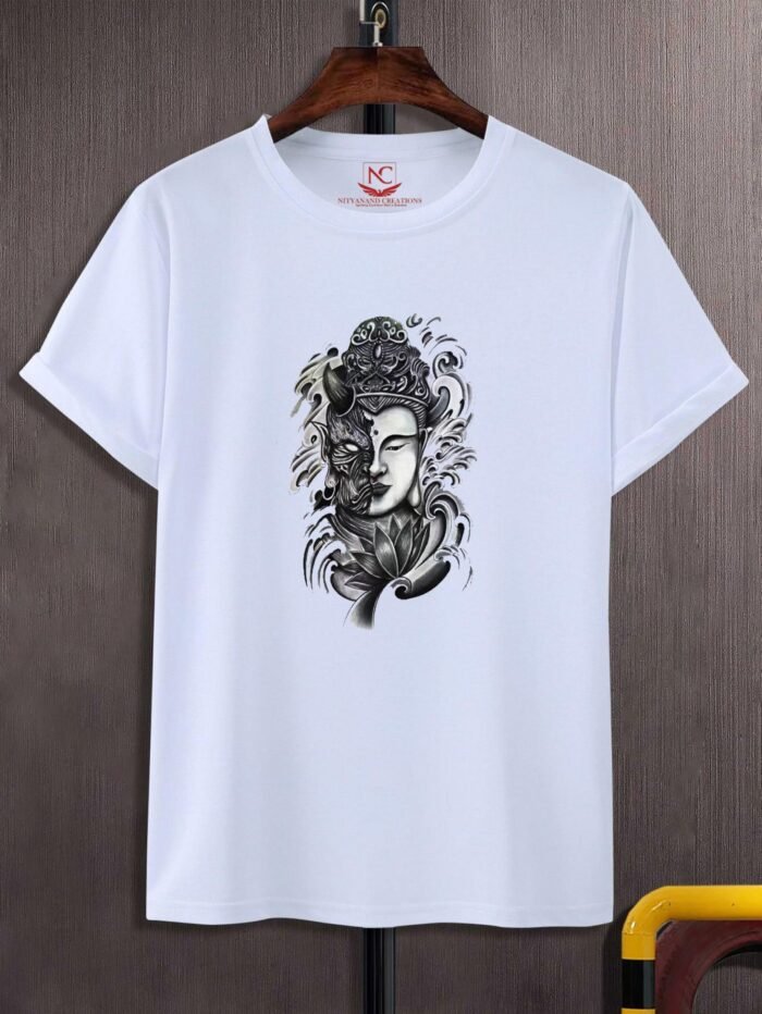 Serene Buddha White Tee with Tranquil Art Print-1495 - Image 2