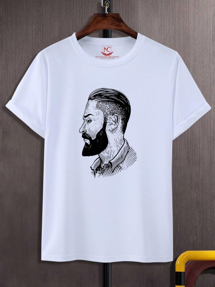 Hand Drawn Portrait of Bearded Man Printed Polyester Crew Neck T-Shirt - Image 2