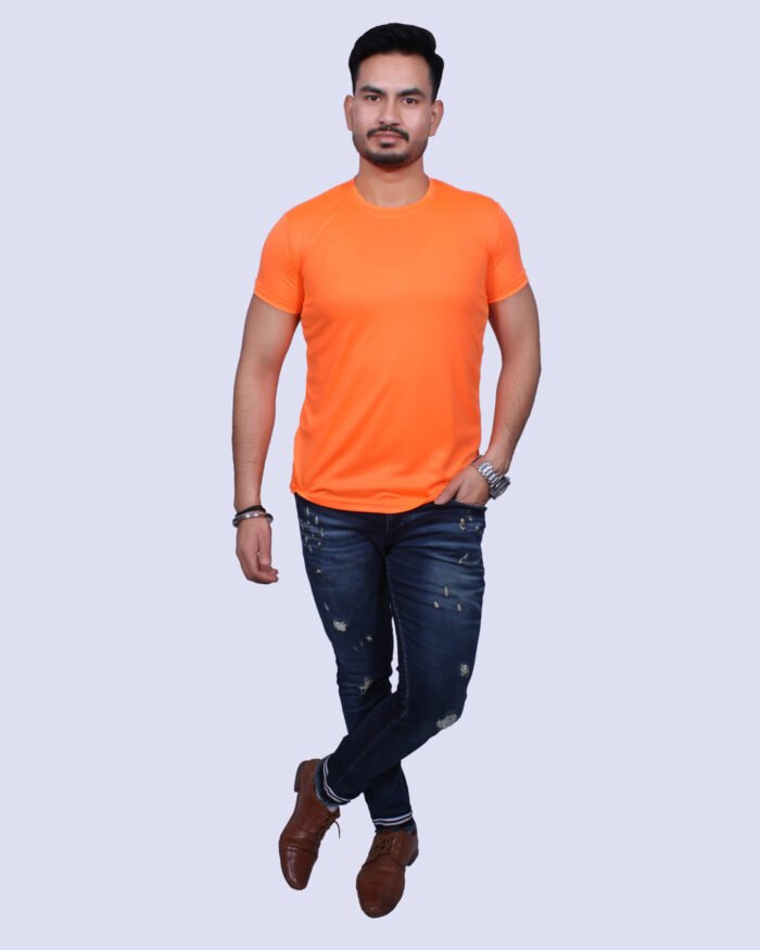Classic Comfort: Round Neck Half Sleeve Orange Rice Knit T-Shirt - Image 2