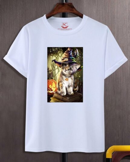 Spooky Kitten Halloween Diamond Graphic Printed White T-Shirt
