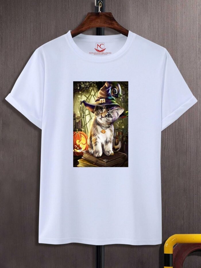 Spooky Kitten Halloween Diamond Graphic Printed White T-Shirt