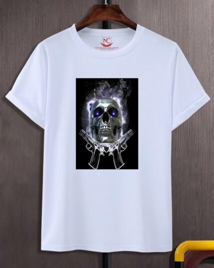 Skull with Guns Blazing Graphic Printed White T-Shirt