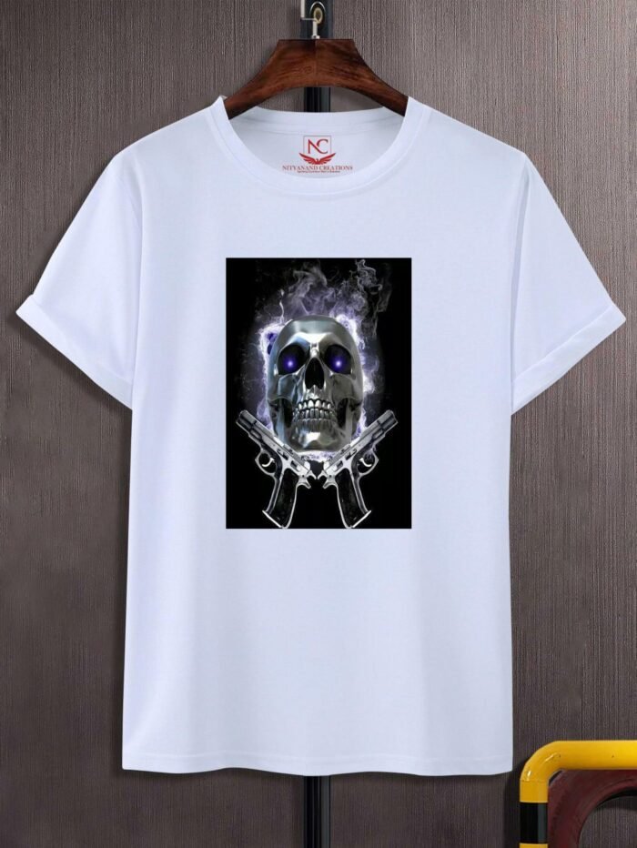 Skull with Guns Blazing Graphic Printed White T-Shirt