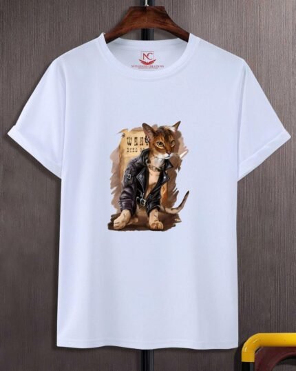 Cat in a Leather Jacket Diamond Painting Graphic Printed White T-Shirt