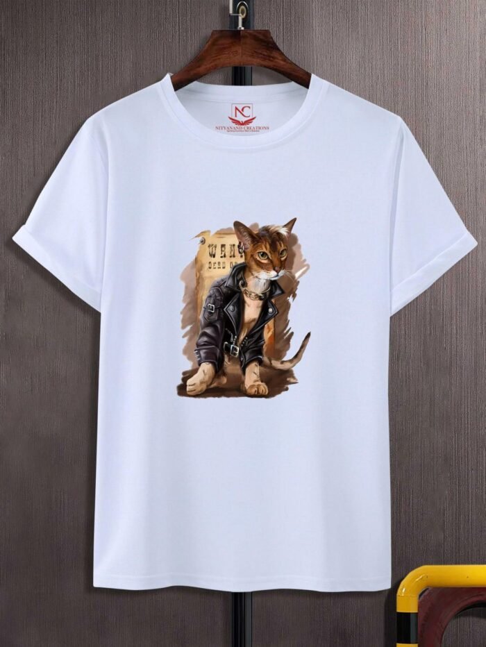 Cat in a Leather Jacket Diamond Painting Graphic Printed White T-Shirt