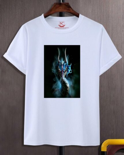 Majestic Blue Dragon Graphic Print White T-Shirt-1751
