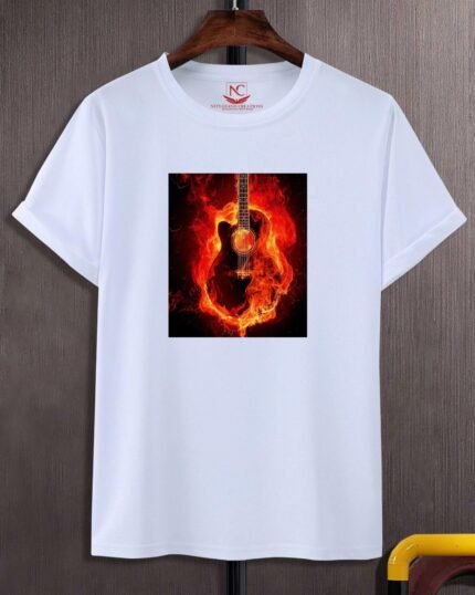 Guitar on Fire Iconic Graphic Printed White Tee-253