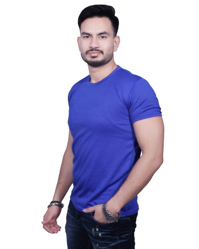 Classic Comfort: Round Neck Half Sleeve Royal Blue Rice Knit T-Shirt - Image 5