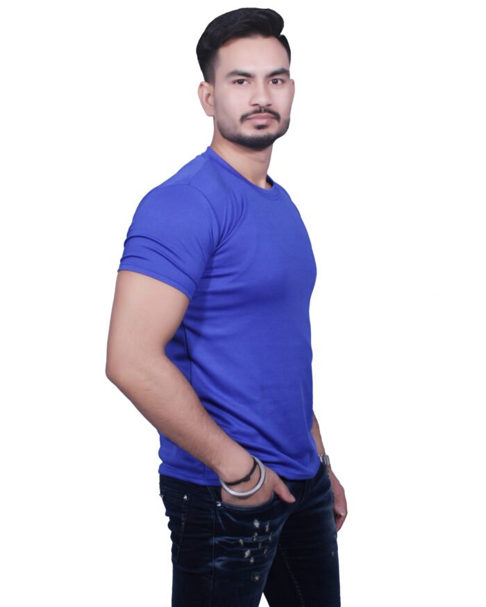 Classic Comfort: Round Neck Half Sleeve Royal Blue Rice Knit T-Shirt - Image 4