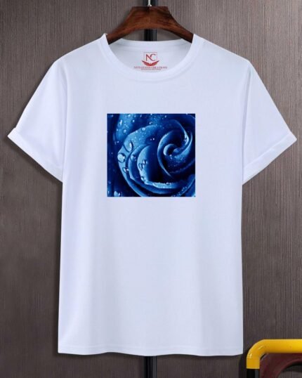 Blue Rose Floral Elegance Graphic Printed White Tee-367