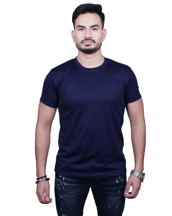 Classic Comfort: Round Neck Half Sleeve Dark Blue Rice Knit T-Shirt - Image 7