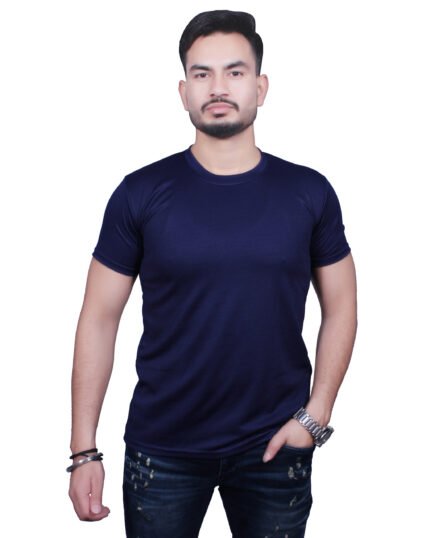 Classic Comfort: Round Neck Half Sleeve Dark Blue Rice Knit T-Shirt