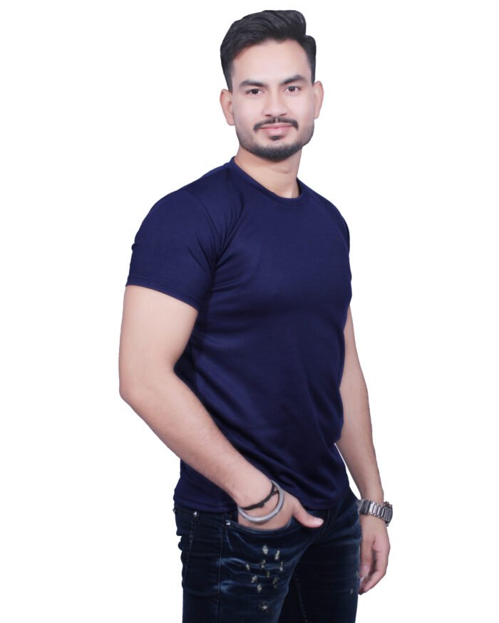 Classic Comfort: Round Neck Half Sleeve Dark Blue Rice Knit T-Shirt - Image 4