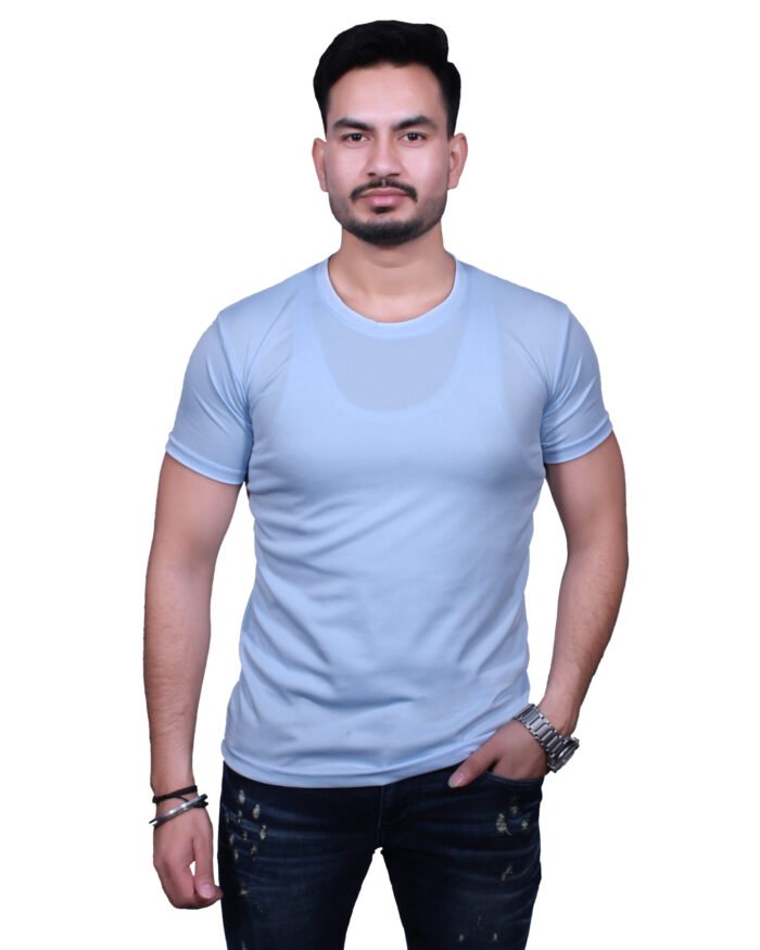 Classic Comfort: Round Neck Half Sleeve Powder Blue Rice Knit T-Shirt - Image 6