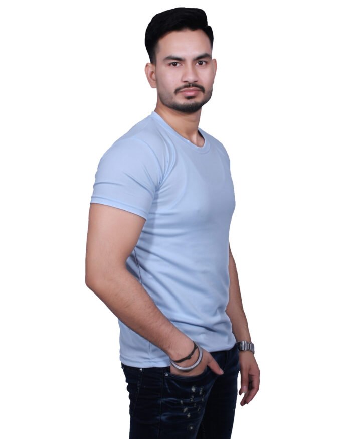 Classic Comfort: Round Neck Half Sleeve Powder Blue Rice Knit T-Shirt - Image 4