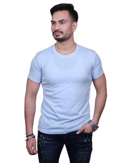 Classic Comfort: Round Neck Half Sleeve Powder Blue Rice Knit T-Shirt