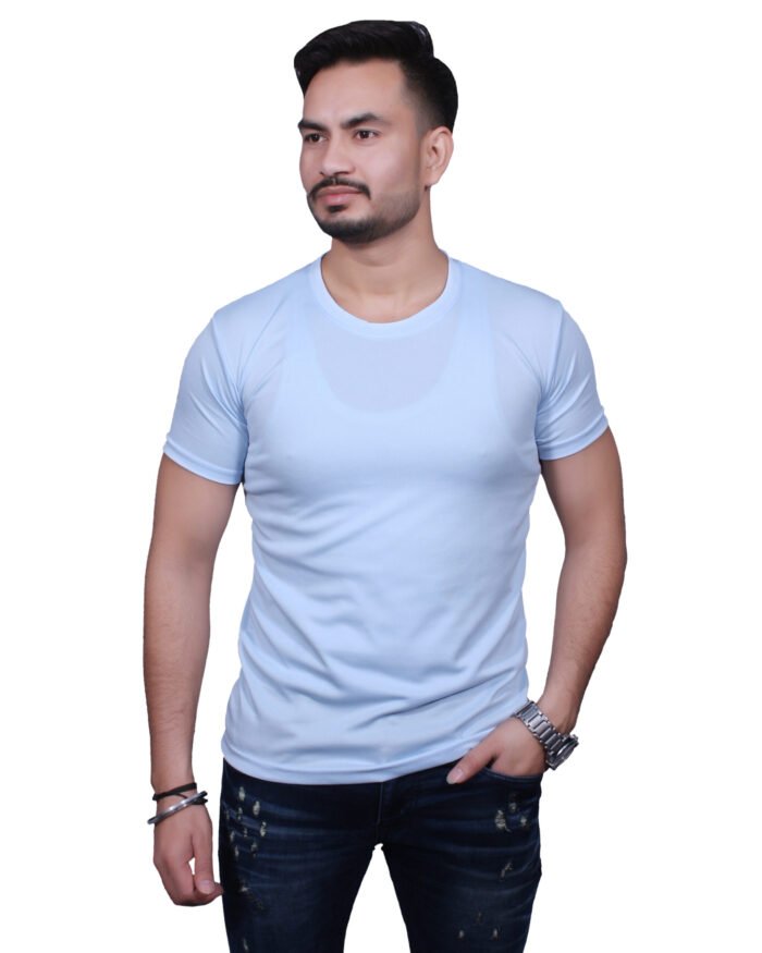 Classic Comfort: Round Neck Half Sleeve Powder Blue Rice Knit T-Shirt