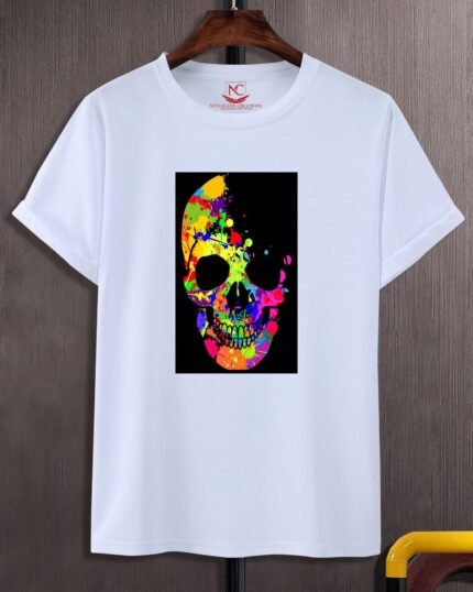 Colorful Skull Graphic Printed White T-Shirt-488