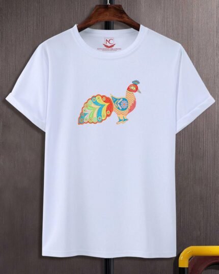 Peacock Graphic Printed White T-Shirt-493