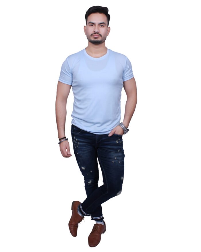 Classic Comfort: Round Neck Half Sleeve Powder Blue Rice Knit T-Shirt - Image 7