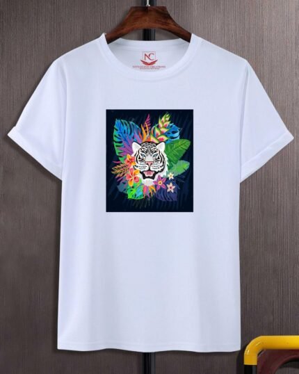 Vibrant Tiger Graphic Print White T-Shirt-588