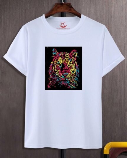 Vibrant Tiger Graphic Print White T-Shirt-589